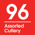 Red infographic tile with large white '96' and the words 'Assorted Cutlery' below