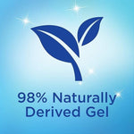 Blue leaf icon with text '98% Naturally Derived Gel' on a light blue background indicating ingredient claim
