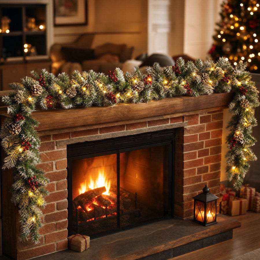 9ft Snowed Norfolk Pine Christmas Garland, Prelit Artificial Garland with LED Lights & 8 Modes, Battery Operated, For Fireplace Mantel, Stair, Indoor Outdoor Decor, 1-Pack