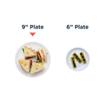 Size comparison graphic showing a 9-inch plate with sandwiches and a 6-inch plate with snacks