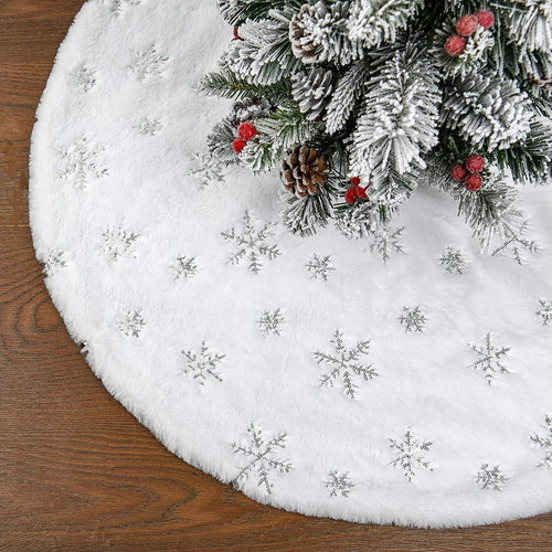 Ayieyill Christmas Tree Skirt, 48 Inches Faux Fur White Christmas Tree Skirt for Christmas Tree Decorations Xmas Tree Skirt (Snowflake)