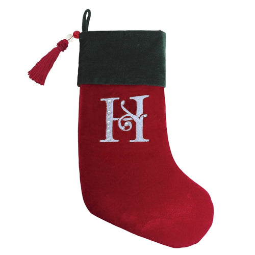 Christmas Stocking Red & Green Velvet With Tassel, Rhinestone Monogram (H)