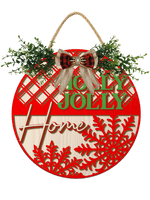 Eveokoki Christmas Door Wreath Holly Jolly Home Hanging Wall Sign for Front Door 11'' Round Xmas Tree Winter Wreath Wooden Porch Signs with Bow Porch Farmhouse Home Wall Decor
