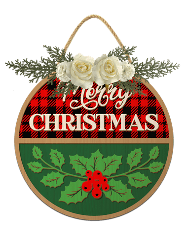 Eveokoki Christmas Door Wreath Merrychristmas Hanging Wall Sign for Front Door 12'' Round Xmas Tree Winter Wreath Wooden Porch Signs with Bow Porch Farmhouse Home Wall Decor