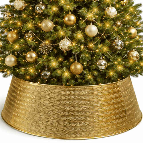 Gold Metal Christmas Tree Collar, Decorative Christmas Tree Skirt Alternative for Base Cover, Durable, Holiday Tree Base Decoration, Fits Most Trees, Modern Christmas Décor, Gold