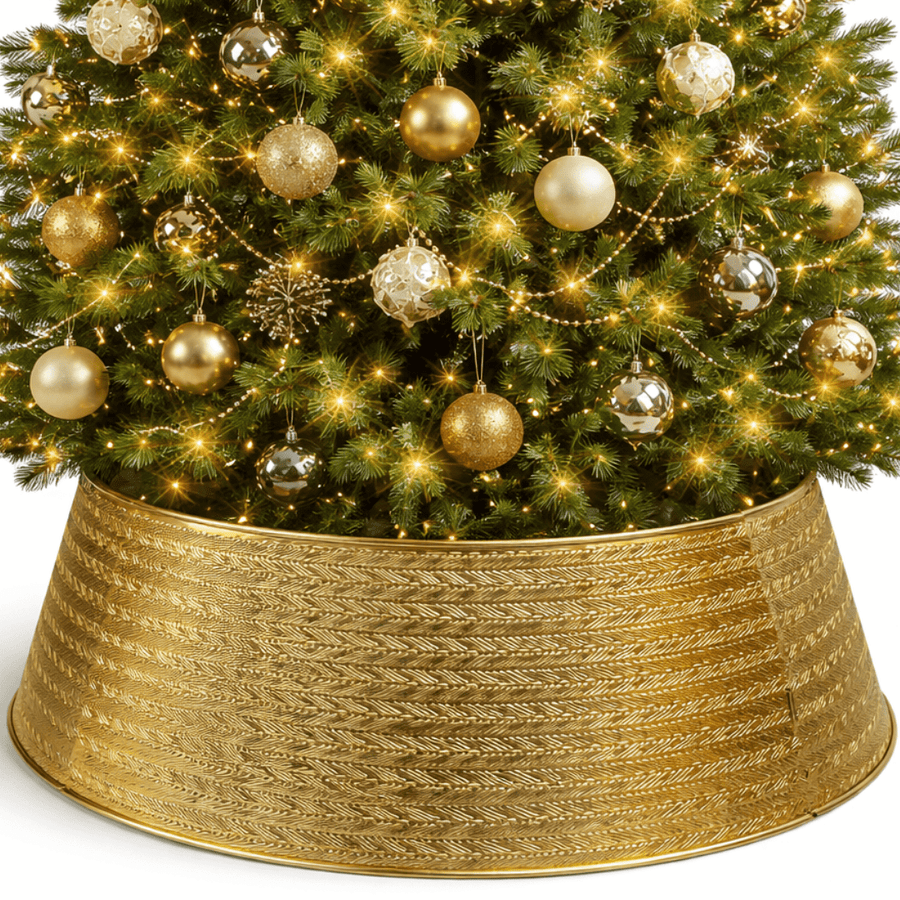 Gold Metal Christmas Tree Collar, Decorative Christmas Tree Skirt Alternative for Base Cover, Durable, Holiday Tree Base Decoration, Fits Most Trees, Modern Christmas Décor, Gold