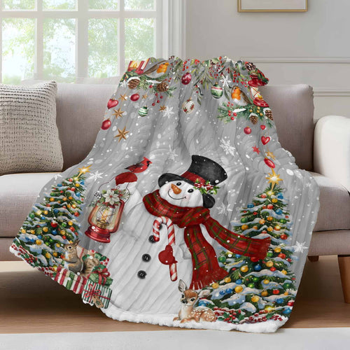 Grey Christmas Fleece Throw Blanket for Couch, Snowman Xmas Tree Ball Snowflake Winter Wooden Microfiber Flannel Blanket for All Season, Lightweight Soft Throw Blankets for Bed, Sofa, Travel, 50"x60"