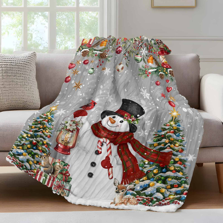 Grey Christmas Fleece Throw Blanket for Couch, Snowman Xmas Tree Ball Snowflake Winter Wooden Microfiber Flannel Blanket for All Season, Lightweight Soft Throw Blankets for Bed, Sofa, Travel, 50"x60"