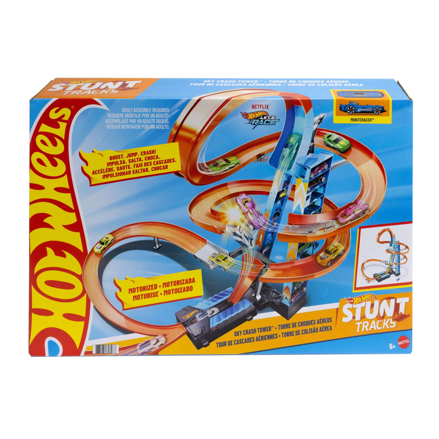Hot Wheels Sky Crash Tower Motorized Track Set with Toy Car, Stores 20+ 1:64 Scale Cars, 27.95 in