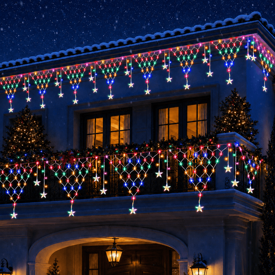 Laybasic Christmas Net Lights Outdoor, 16.4 FT x 2 FT LED Triangle Mesh Fairy String Lights Christmas Curtain Lights with 8 Dynamic Modes, Waterproof for Fence Roof Railing Wall Balcony, Multicolor