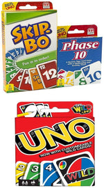 Mattel Uno Skip Bo Phase 10 Combo Card Game Pack, 3 Games, 108 Cards, 162 Cards, 112 Cards