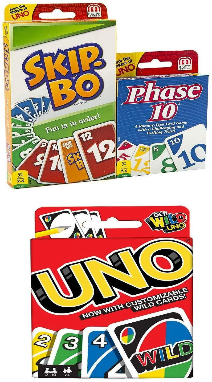 Mattel Uno Skip Bo Phase 10 Combo Card Game Pack, 3 Games, 108 Cards, 162 Cards, 112 Cards