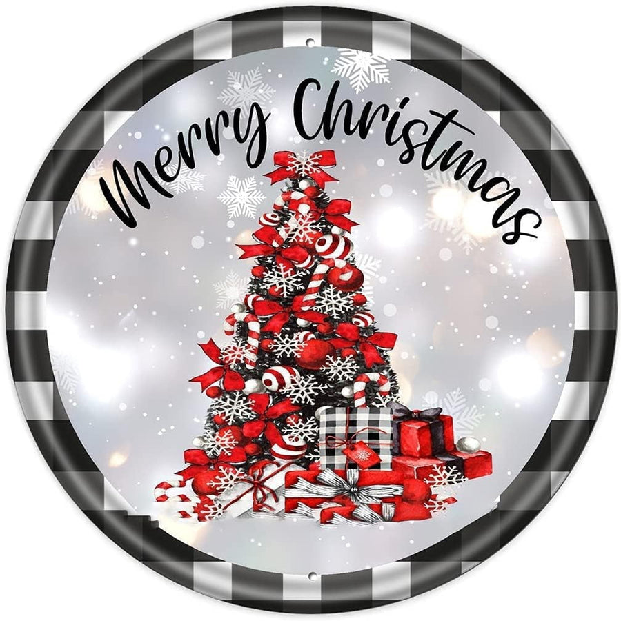 Christmas Wall Decor Round Metal Tin Sign Christmas Wreath Sign Merry Christmas Holiday Door Hanging Sign Home Cave Garage bar Wall Decoration Vintage Metal Sign 12 x 12 inch