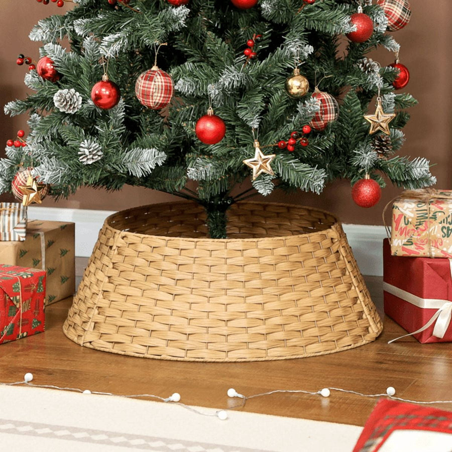 Rustic Hand-Woven Christmas Tree Collar - Natural PE & Metal, Fits 82.7"-106.3" Trees, 3-Panel Assembly, Hides Stand & Pet-Protective