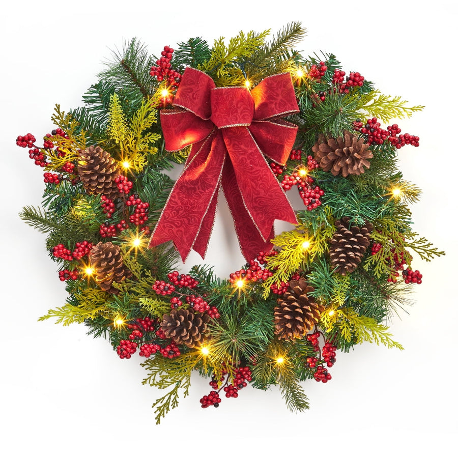 Senfot 24 Inch Lighted Christmas Wreath with Pine Cones, Red Berries, 20 LED Lights, Battery Operated, Waterproof Box, Indoor/Outdoor Holiday Home Decoration