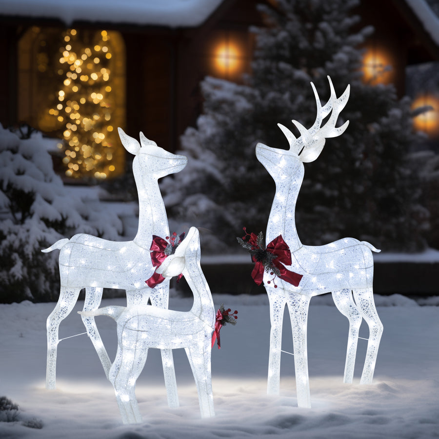 VEIKOUS 3-Piece Christmas Lighted Reindeer Family Decoration w/200 LED Lights&Ground Stakes, White