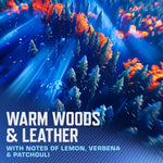 Abstract blue and orange forest-themed graphic with text describing warm woods and leather scent notes