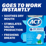 Blue promotional graphic with an ACT Dry Mouth Moisturizing Gum box and bulleted claims about relieving dry mouth