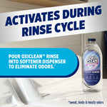 OxiClean Clean Rinse bottle on a washer with headline 'Activates during rinse cycle' and usage instruction to pour into softener dispenser