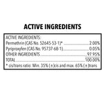 Black text ingredient panel listing active ingredients permethrin 2.00% and pyriproxyfen 0.05% on white background.