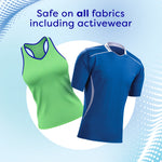 Illustration of activewear garments with headline declaring the product is safe on all fabrics including activewear.
