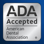 Silver ADA Accepted seal graphic with 'American Dental Association' text on a blue background