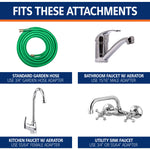 Compatibility graphic titled “Fits These Attachments” showing a garden hose and three faucet types with recommended adapter sizes