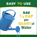 Graphic with a blue watering can and text instructing to add 1/2 cap per quart of water for easy use