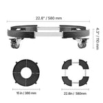 Side profile of assembled adjustable dolly with dimensional callouts and top-down diagrams of compact and expanded sizes