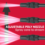 Graphic showing adjustable poly nozzle spray patterns from cone to stream with three wand tips on red background