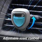 Air freshener clipped to a car vent with radial motion lines and an arrow, overlaid text reads 'Adjustable scent control'.
