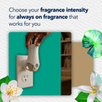 Hand adjusting a Glade plug-in warmer in an outlet with text about choosing fragrance intensity