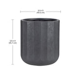 Charcoal fluted planter shown with dimension lines indicating 16 in diameter and 18 in height