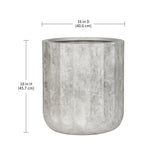 Front view of the gray textured planter with dimension lines indicating 16 in diameter and 18 in height
