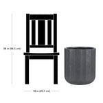 Silhouette comparison graphic showing a chair height next to a charcoal fluted planter for scale