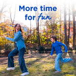Outdoor lifestyle scene of an adult and child playing in a yard with headline text 'More time for fun'