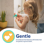 Adult helping a young child squeeze toothpaste onto a small toothbrush in a bathroom setting with 'Gentle' text