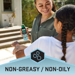 Adult holding a Repel Family spray can while smiling at a child, banner reading non-greasy / non-oily below