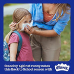 Adult using a Kleenex tissue to wipe a young child’s nose in an outdoor lifestyle scene