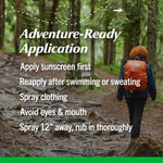 Outdoor photo of a hiker on a forest trail overlaid with ‘Adventure-Ready Application’ instructions for spraying and reapplying.