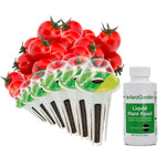 Six AeroGarden seed pods arranged in front of a cluster of ripe red cherry tomatoes with a bottle of AeroGarden liquid plant food