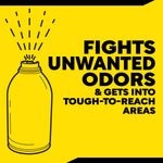 Yellow infographic with a simple line drawing of an aerosol can and bold text saying it fights unwanted odors