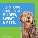 Affresh graphic stating it helps remove odors from mildew, sweat & pets alongside a wet dog image and blue text panel.