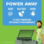 Affresh product graphic reading “Power Away” with icons for odor, bacteria and grime and a man inspecting a top-load washer.