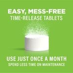 Affresh time-release tablet on a green background with text promoting easy, mess-free monthly use of the tablet.
