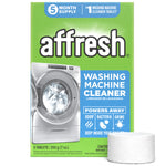 Affresh boxed washing machine cleaner packaging showing brand logo, front-load washer photo and a single white tablet.