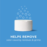 Single white effervescent tablet on blue background with bubbles and removal claim text