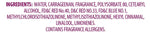 Close-up ingredient list for a gel air freshener listing water, carrageenan, fragrance and preservatives