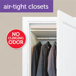 Open closet with hanging jackets and a red badge reading ‘NO CLINGING ODOR’ and ‘air-tight closets’