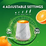 Air Wick marble diffuser centered under '4 Adjustable Settings' text with timer icons and orange fruit accents on green background.